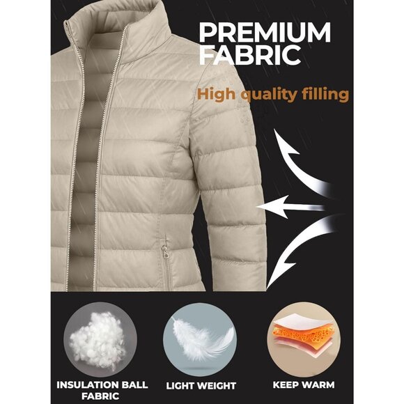 Women's Puffer Jacket Hood 32 Degree Quilted Winter Puff Foldable Jacket Beige - Picture 6 of 7